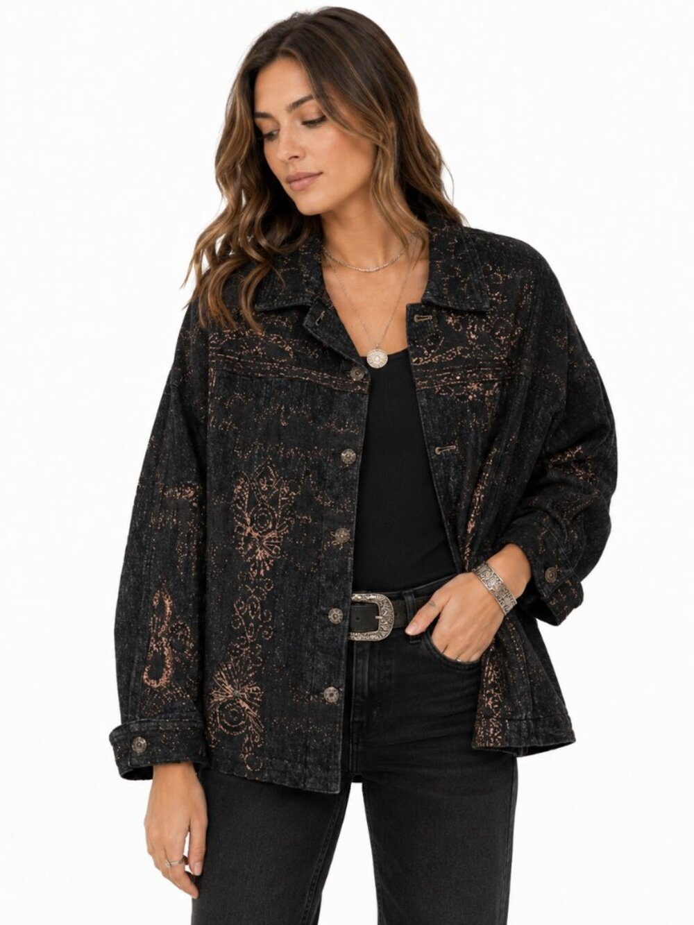 Chicos Denim Jacket Womens M Copper Beaded Embroidered Y2K Boho Western Vintage